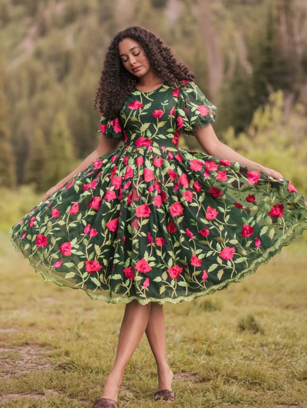 JessaKae NEW Rosette Dress with Red Rose Embroidery and Green Leaves
